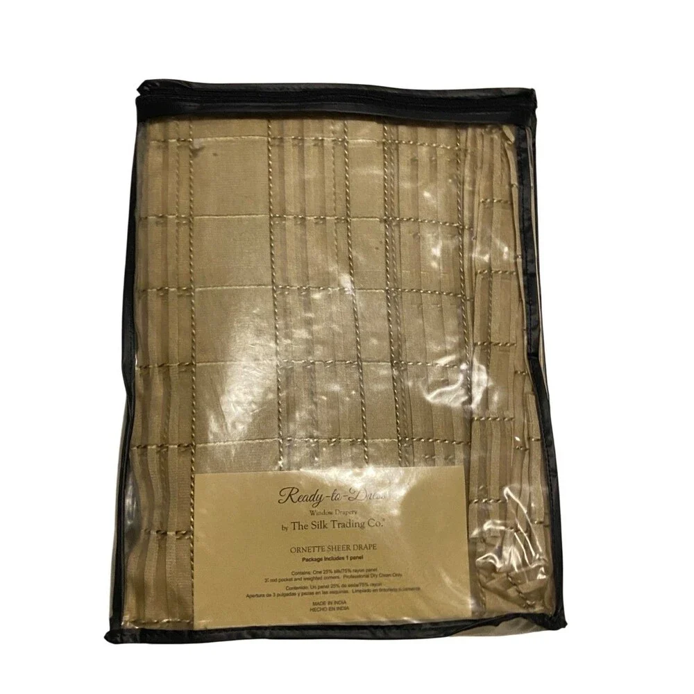 Set of 2 Gold/Cream 100% Sheer Silk Grid Window Curtain Panels 50” X 84” Drapery
